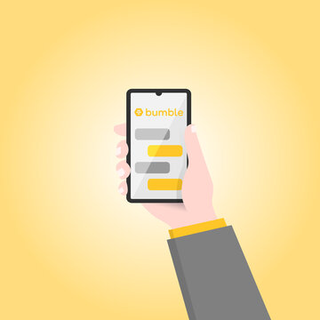 Hand holding smartphone with Bumble logo, phone mockup, vector illustration