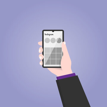 Hand holding smartphone with Instagram logo, phone mockup, vector illustration