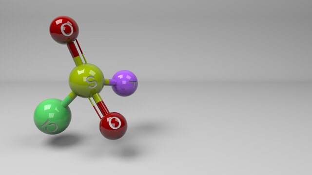 Sulfuryl chloride fluoride molecule illustration, strong Lewis acid and a useful solvent and reagent, must be handled with care. 3D rendering. Footage available.