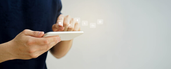 close up young man hand hold smartphone use application  to communicate with other for technology...
