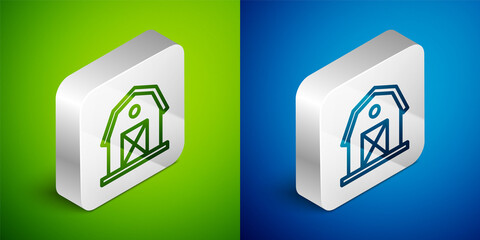 Isometric line Farm house icon isolated on green and blue background. Silver square button. Vector