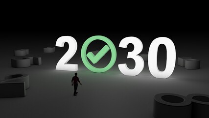3D illustration of the number 2030 with Check mark icon with and man walking towards it