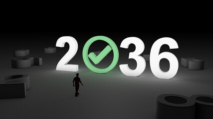 3D illustration of the number 2036 with Check mark icon with and man walking towards it