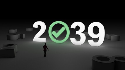 3D illustration of the number 2039 with Check mark icon with and man walking towards it