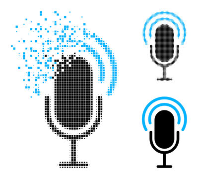 Dissipated pixelated microphone icon with halftone version. Vector destruction effect for microphone pictogram. Pixelated disintegration effect for microphone reproduces movement of virtual matter.