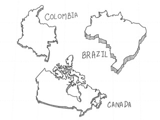 3 America 3D Map is composed Brazil, Canada and Colombia. All hand drawn on white background.