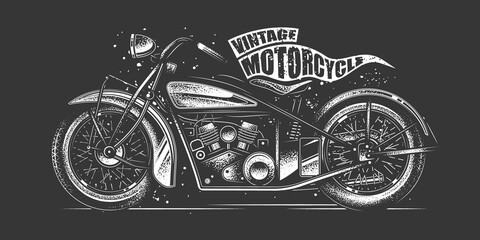 Fototapeta na wymiar Original monochrome vector illustration in retro style. American motorcycle custom made. T-shirt Design