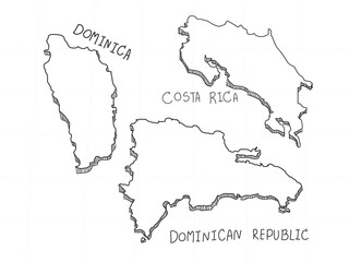 3 America 3D Map is composed Dominica, Costa Rica and Dominican Republic. All hand drawn on white background.
