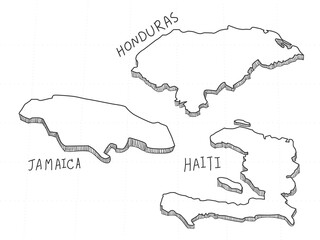 3 America 3D Map is composed Haiti, Honduras and Jamaica. All hand drawn on white background.
