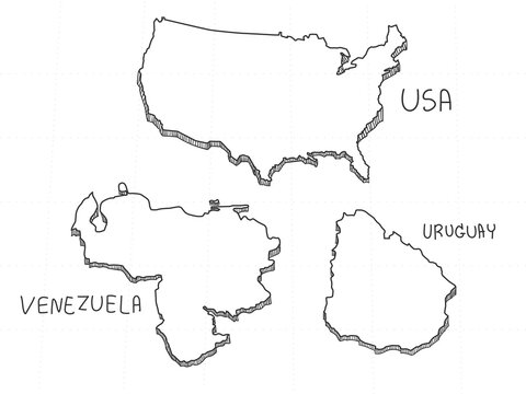 3 America 3D Map is composed United State of America, Uruguay and Venezuela. All hand drawn on white background.
