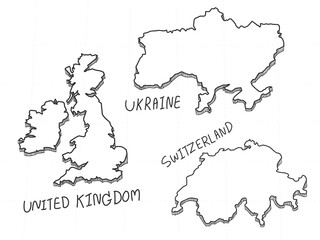 3 Europe 3D Map is composed Switzerland, Ukraine and United Kingdom. All hand drawn on white background.