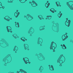 Black line Roasted turkey or chicken icon isolated seamless pattern on green background. Vector