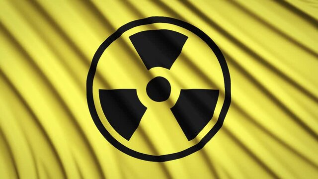 Warning yellow flag with radiation sign. Smooth waves of fabric. 4K video. 3D render.
