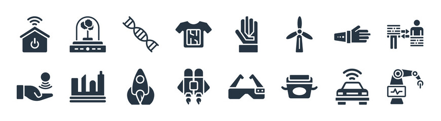 future technology filled icons. glyph vector icons such as surgery, cooker, jetpack, telekinesis, robot arm, dna structure, wi gloves, incubator sign isolated on white background.