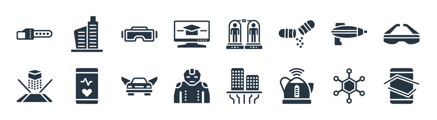 future technology filled icons. glyph vector icons such as augmented reality, kettle, avatar, hologram, blaster, vr glasses, cloning, residential sign isolated on white background.