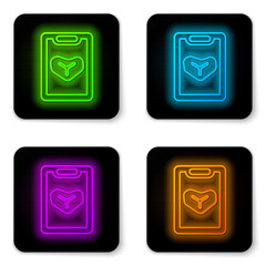 Glowing neon line Restaurant cafe menu icon isolated on white background. Black square button. Vector
