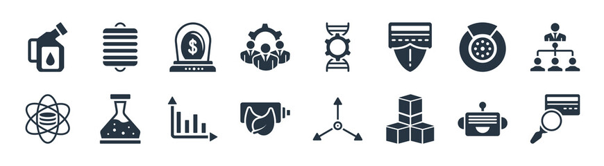 general filled icons. glyph vector icons such as cit score, ar platform, eco battery, data science, disk brake, business incubator, bioengineering, filament sign isolated on white background.
