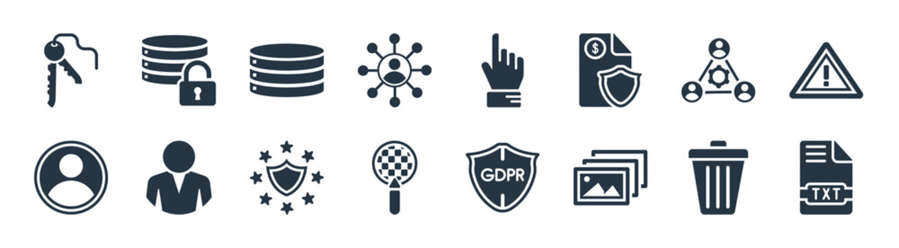 gdpr filled icons. glyph vector icons such as text file, photo, transparency, account, cooperation, data storage, finger, data protection sign isolated on white background.