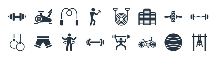 gym and fitness filled icons. glyph vector icons such as exercise hang bar, riding bicycle, exercising dumbbell, gymnastic rings, fitness wheel, skipping rope, exercise bands, exercise bike sign