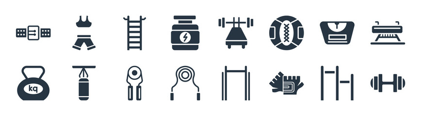 gym and fitness filled icons. glyph vector icons such as weight bar, gym gloves, jumping equipment, kettlebells, weight scale, trellis, bench press, women fitness clothing sign isolated on white