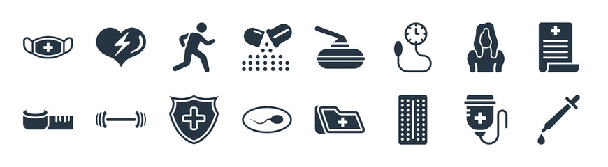 health and medical filled icons. glyph vector icons such as pipette, contraceptive pills, sperm, measure tape, girl, exercise, curling, defibrillator sign isolated on white background.