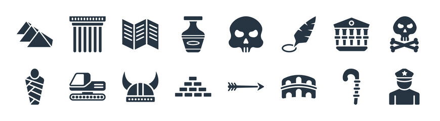 history filled icons. glyph vector icons such as policeman, colosseum, bricks, mummy, museum, trifold, skull, pillars sign isolated on white background.