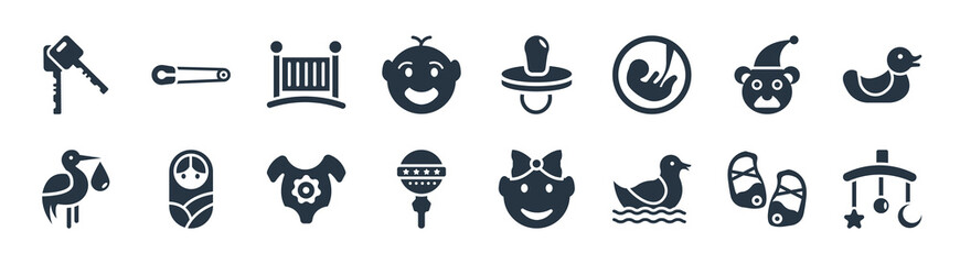kid and baby filled icons. glyph vector icons such as crib toy, rubber duck, bell rattle, stork, bear hat, cradle, pacifier, safety pin sign isolated on white background.