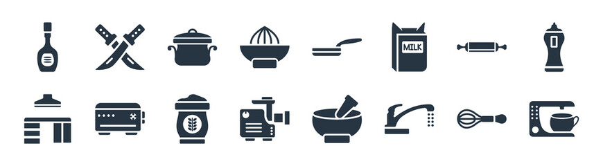kitchen filled icons. glyph vector icons such as coffee machine, kitchen tap, meat grinder, kitchen cabinet, rolling pin, cooking pot, pan, knives sign isolated on white background.
