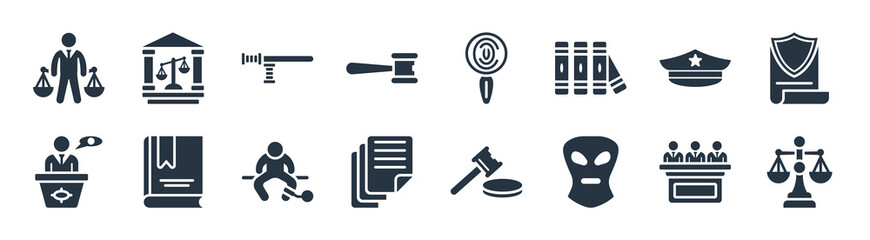 law and justice filled icons. glyph vector icons such as civil rights, balaclava, documents, witness, police cap, baton, evidence, court sign isolated on white background.