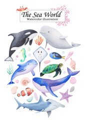 Set of sea animals, fish, seashells and seaweed in black, grey, blue, green, red - obrazy, fototapety, plakaty
