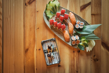 Gunkan sushi on plate on table