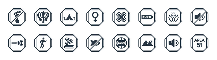 signs filled icons. glyph vector icons such as area 51, placeholders, no fishing, is less than or equal to, radioactive warning, tent, no, khanda sign isolated on white background.