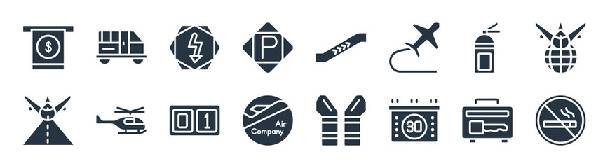 airport terminal filled icons. glyph vector icons such as no smoking, calendar day thirty, air company, landing runway, extinguisher, high voltage, escalator up, airport bus sign isolated on white