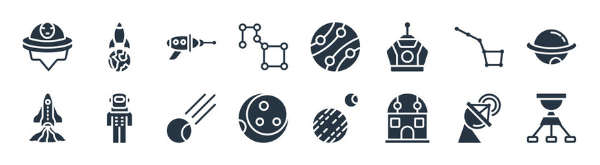 astronomy filled icons. glyph vector icons such as dioptra, planetarium, astrology, liftoff, big dipper, space gun, jupiter with satellite, space travel sign isolated on white background.