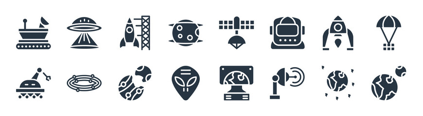 astronomy filled icons. glyph vector icons such as earth and moon, voyager, extraterrestrial, space robot, lander, spaceport, space station, little extraterrestial sign isolated on white © Premium Art