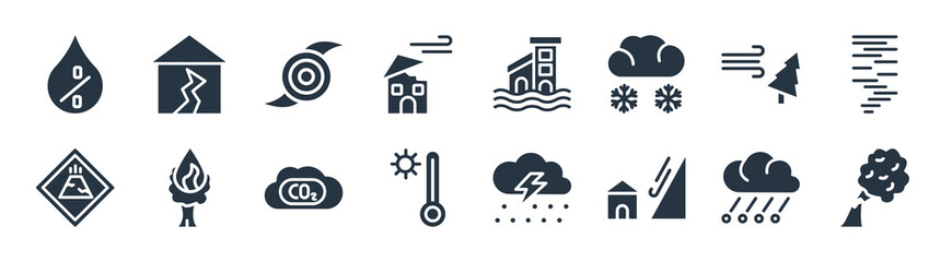 meteorology filled icons. glyph vector icons such as broken tree by wind, landslide and house, hot thermometer, volcano warning, broken tree by thunder, hurricane, flooded home, earthquake and home