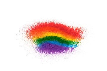 Colorful rainbow made of colored sands on white background