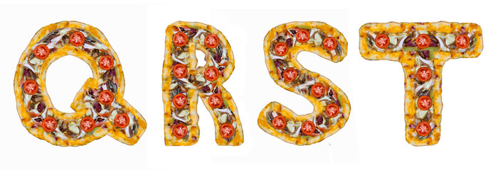 The letters Q, R, S, T are made of pizza