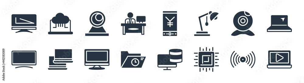 Poster computer filled icons. glyph vector icons such as computer video, square chip, computer folder, tele