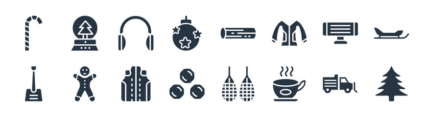 winter filled icons. glyph vector icons such as christmas tree, hot tea, snow ball, winter shovel, electric heater, earmuffs, logs, snow globe sign isolated on white background.