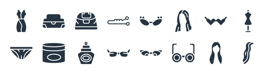 woman clothing filled icons. glyph vector icons such as female with long hair?, rectangular eyeglass frame?, reading eyeglasses?, string bikini?, heart shaped eyeglasses?, female black handbag?,