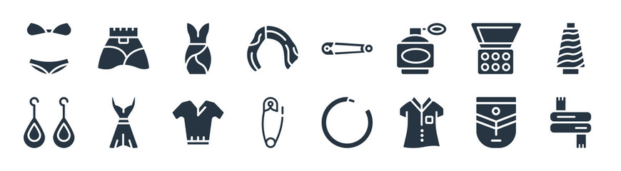 woman clothing filled icons. glyph vector icons such as scarf?, polo shirt for women?, perdible pin?, dangling earrings?, eyes shades makeup?, sexy feminine dress in black?, safety pin?, skirt