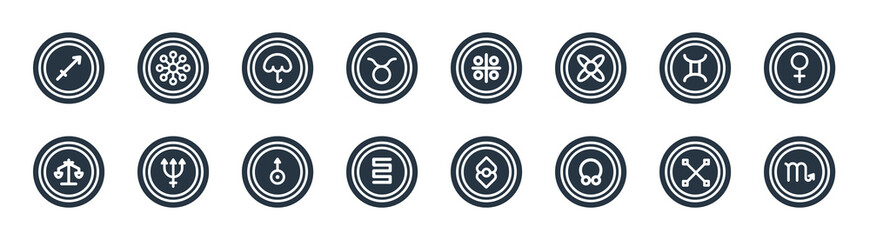 zodiac filled icons. glyph vector icons such as scorpio, coagulation, toughness, justice, gemini, precipitation, vinegar, gods shield sign isolated on white background. © Premium Art