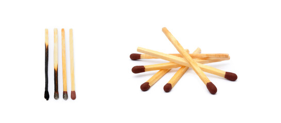 Laid used matchsticks isolated on white background