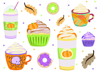 Collection of pumpkin spice seasonal flavored products, food and drinks isolated on white background. Bundle of autumn delicious sweet desserts or pastry. Modern colorful vector illustration.