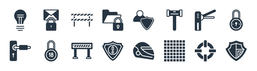 security filled icons. glyph vector icons such as checke shield, transparent, security warning, door lock, turnstiles, obstacle, user protection, secure envelope sign isolated on white background.