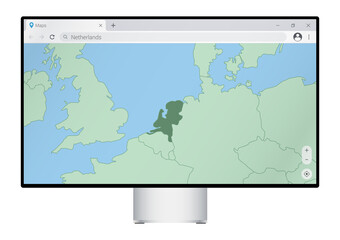 Computer monitor with map of Netherlands in browser, search for the country of Netherlands on the web mapping program.