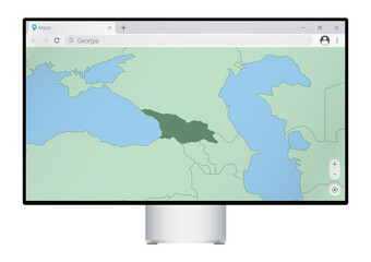 Computer monitor with map of Georgia in browser, search for the country of Georgia on the web mapping program.
