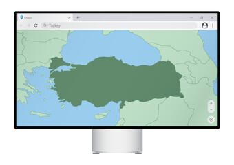 Computer monitor with map of Turkey in browser, search for the country of Turkey on the web mapping program.