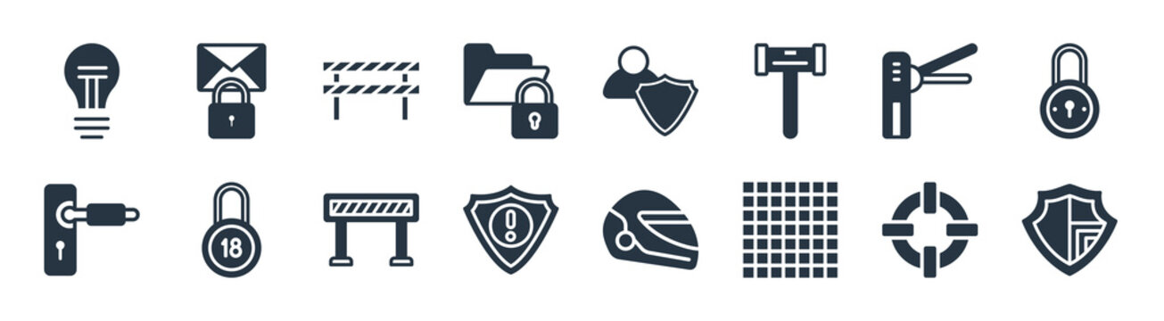 security filled icons. glyph vector icons such as checke shield, transparent, security warning, door lock, turnstiles, obstacle, user protection, secure envelope sign isolated on white background.